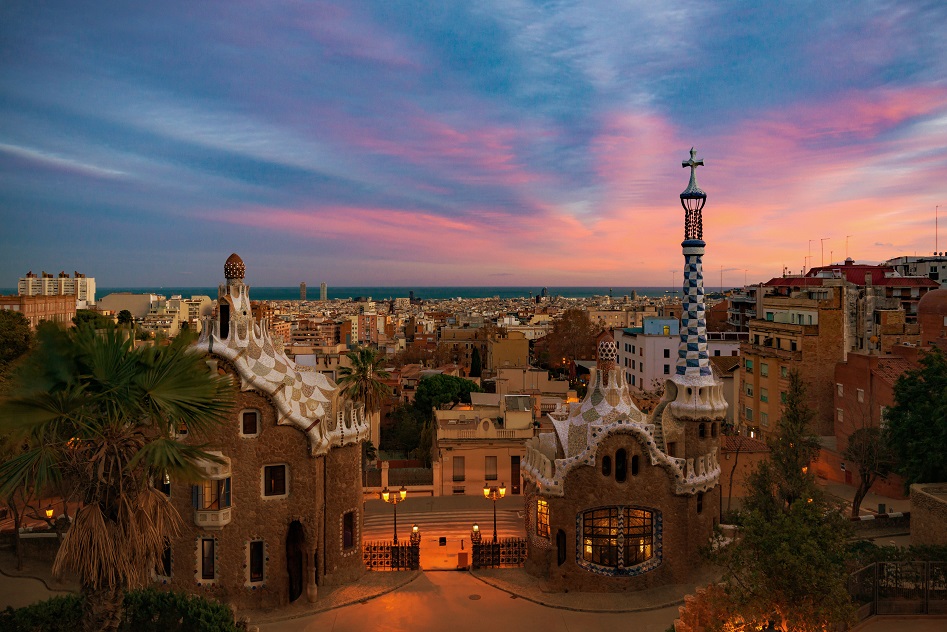 Park Guell with dramatic sky in Barcelona